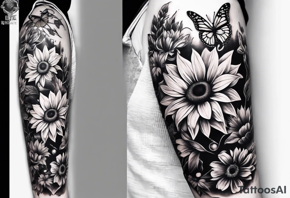 Arm sleeve with sunflowers and butterflies tattoo idea