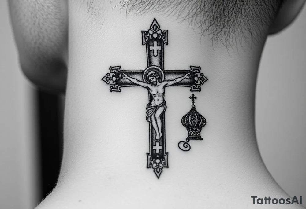 Traditional orthodox ICXC Christian cross with Jesus Christ on the cross also with the foot rest part of the cross in a Russian Kremlin setting tattoo idea
