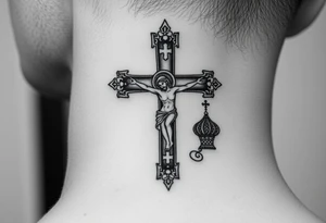 Traditional orthodox ICXC Christian cross with Jesus Christ on the cross also with the foot rest part of the cross in a Russian Kremlin setting tattoo idea