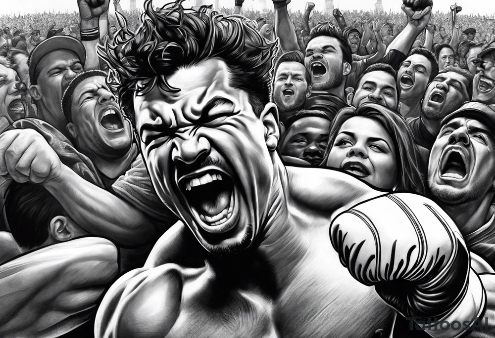 raging bull head busting through crowd tattoo idea