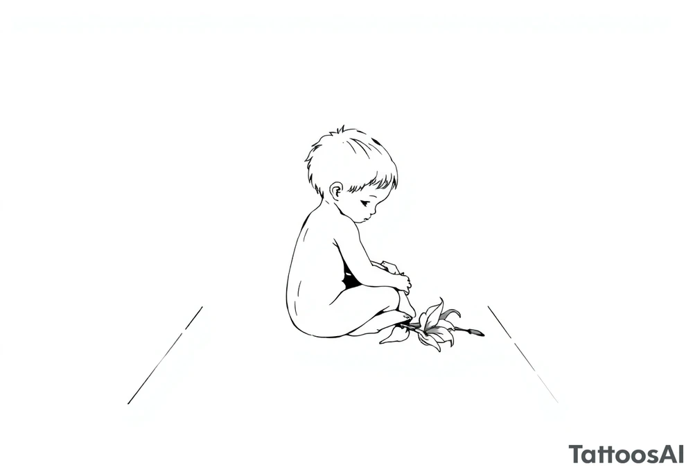 A simple tile floor with a minimalist outline of a curled child sitting on the floor with a lily next to her tattoo idea