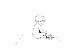 A simple tile floor with a minimalist outline of a curled child sitting on the floor with a lily next to her tattoo idea