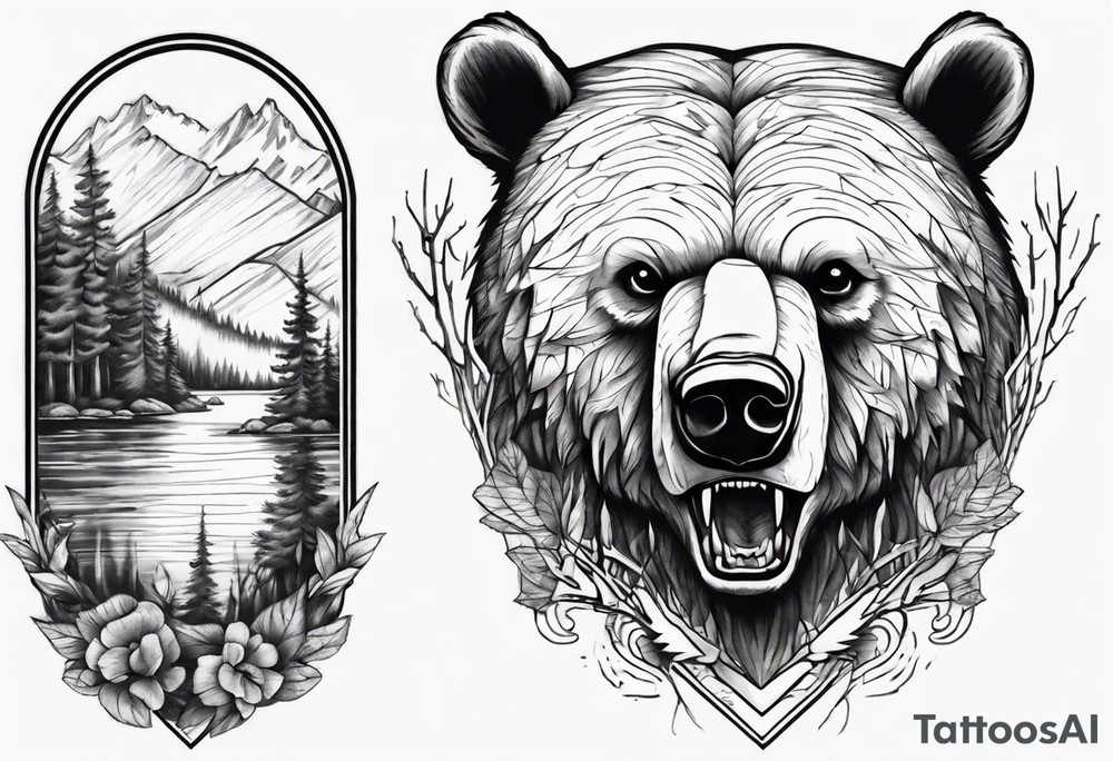 bear head right above the forest line with a lake below, full arm sleeve tattoo tattoo idea