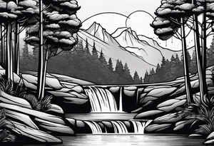 waterfall going into a river with a camp site in Australia tattoo idea