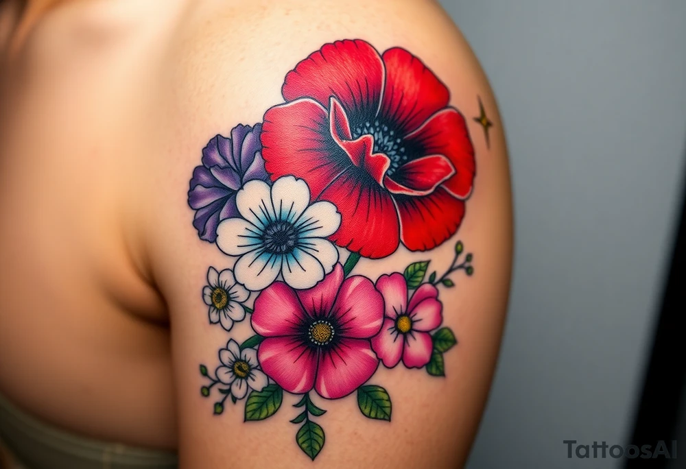 Upper left arm, wrapping slightly from the shoulder to the mid-upper arm, ending at the natural mid-arm curve.

Top center: Large red carnation
Left side: Purple pansy above a blue cosmos flower
Right side: Pink cosmos above a red cosmos
White flowers:
3 between the purple and blue flowers
2 below the pink/red flowers
3 on the branch extending from the right side of the carnation
2 on a branch connecting from the right side of the carnation to the top of the purple pansy
(bouquet)
Neo-Traditional with Realism influence
Bold, clean black outlines
Flat, rich color gradients
Realistic flower detailing: natural petal texture, realistic shading, and depth
Flowing, realistic green branches and leaves
Fine black dots and small line accents
Small gold star next to the top red carnation

Warm brown skin tone tattoo idea