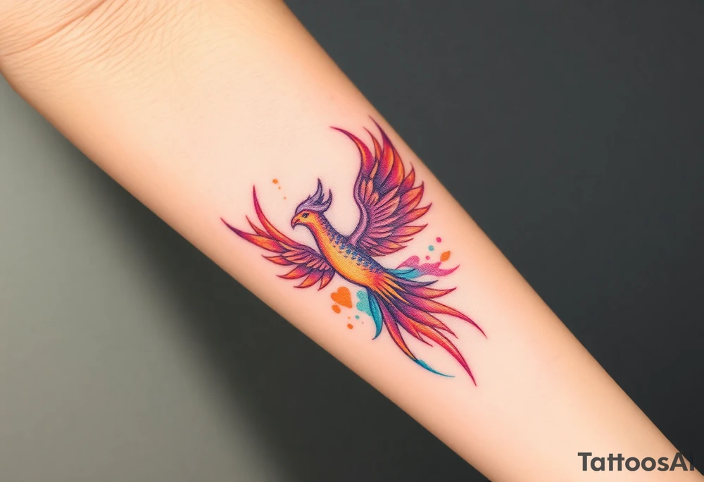 Phoenix with blazing flames with purple, orange, teal and green splashes tattoo idea