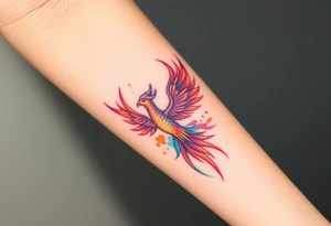 Phoenix with blazing flames with purple, orange, teal and green splashes tattoo idea