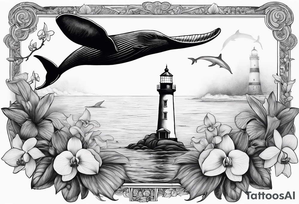 Lighthouse on a beach with light on in the fog and a humpback whale's tail sticking out of the water of the ocean with a border containing an anchor and orchids tattoo idea