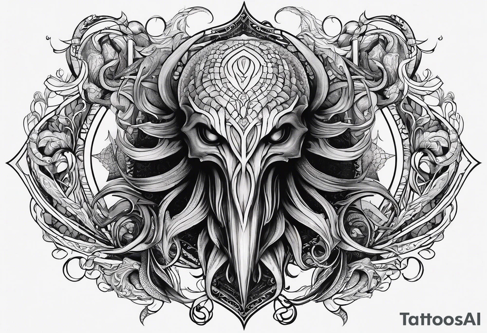 Lovecraftian creature. Protecting heart. Long tattoo for sleeve. Vertical. tattoo idea