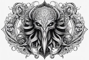 Lovecraftian creature. Protecting heart. Long tattoo for sleeve. Vertical. tattoo idea