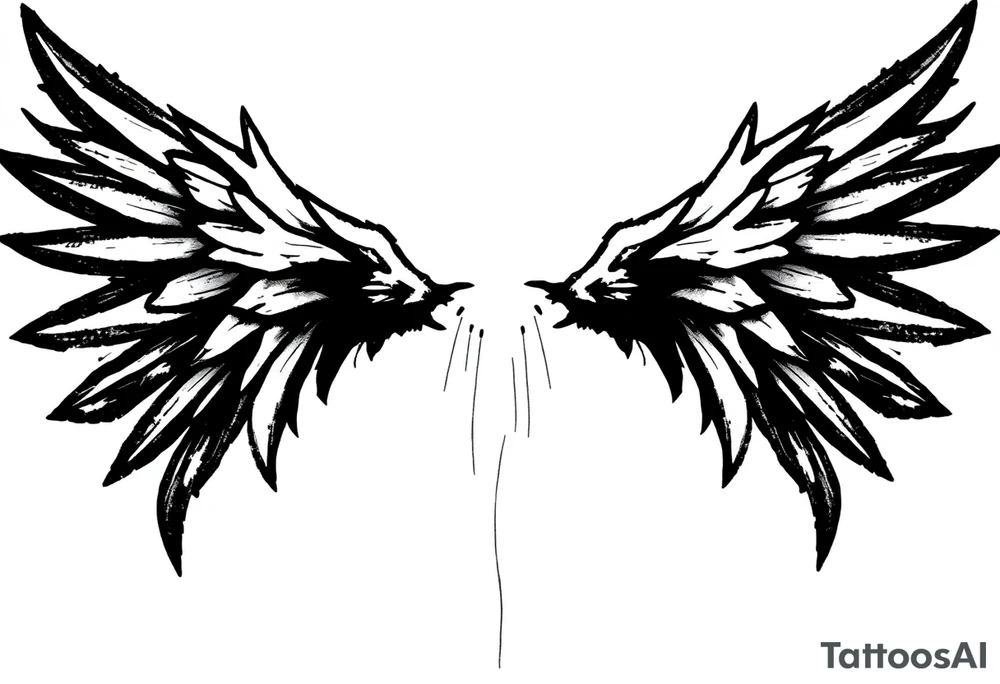 This tattoo design features a pair of stylized wings drawn in black ink with a sketch-like, abstract aesthetic. The wings are composed of sharp, angular feathers with jagged edges, giving them a rough, almost tribal or gothic appearance. The shading is done with a mix of soft gradients and stippling, adding depth and texture to the design. The center where the wings meet is fragmented, with thin lines extending downward, creating a sense of movement and raw energy. This design would make for a bold and edgy tattoo, symbolizing freedom, strength, or a rebellious spirit. tattoo idea