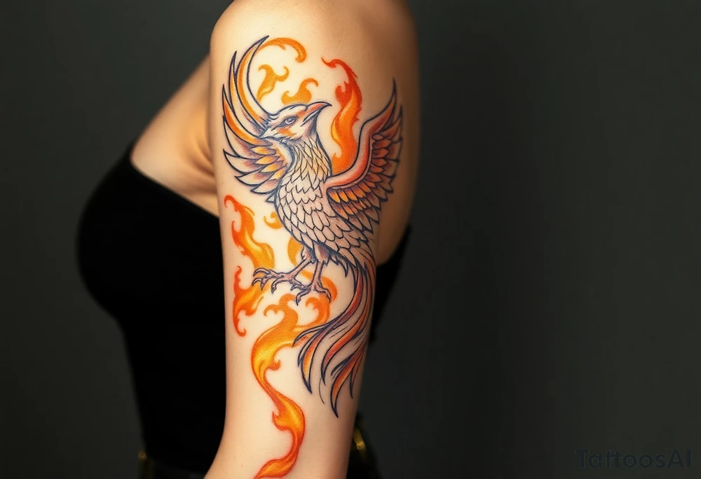 magnificent phoenix rising from golden flames with trailing embers tattoo idea