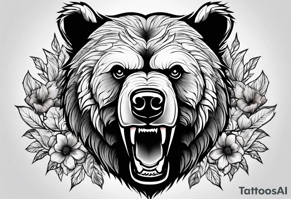 angry bear leaves and flowers, different seasons tattoo idea