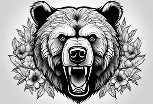 angry bear leaves and flowers, different seasons tattoo idea