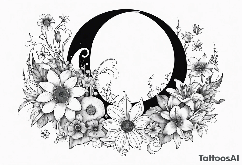 Crescent moon with daisy's, lily’s, crystals, and mushrooms tattoo idea