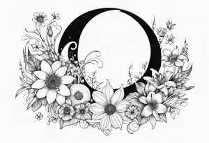 Crescent moon with daisy's, lily’s, crystals, and mushrooms tattoo idea