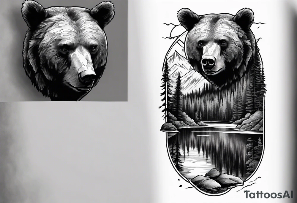 bear head right above the forest line with a lake below, full arm sleeve tattoo tattoo idea