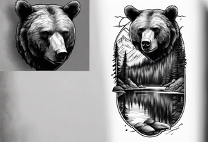 bear head right above the forest line with a lake below, full arm sleeve tattoo tattoo idea