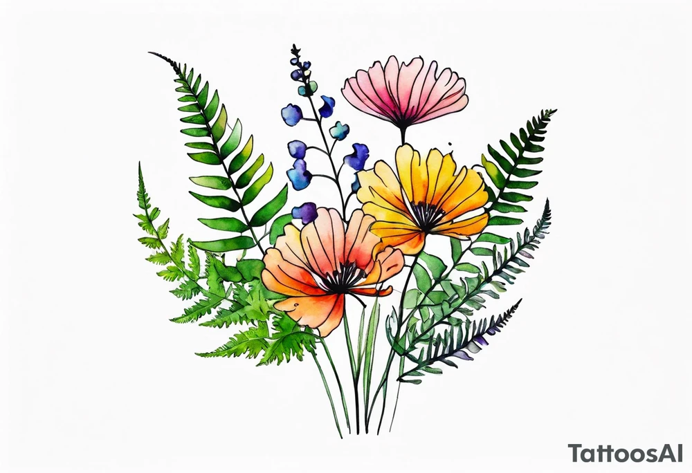 Multi colored wild flowers long stems bouquet with ferns all watercolor tattoo idea