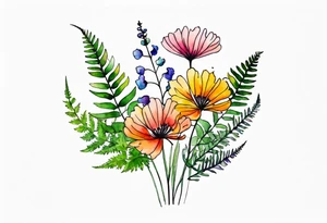 Multi colored wild flowers long stems bouquet with ferns all watercolor tattoo idea