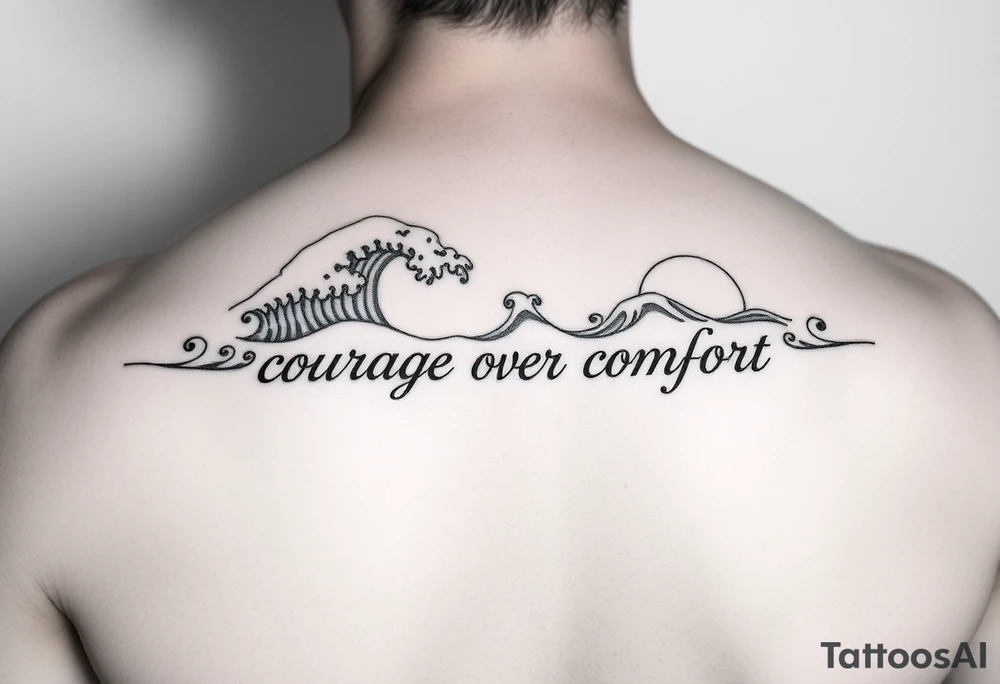 Fine line waves with words courage over comfort for the wrist not on the back tattoo idea