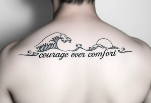 Fine line waves with words courage over comfort for the wrist not on the back tattoo idea