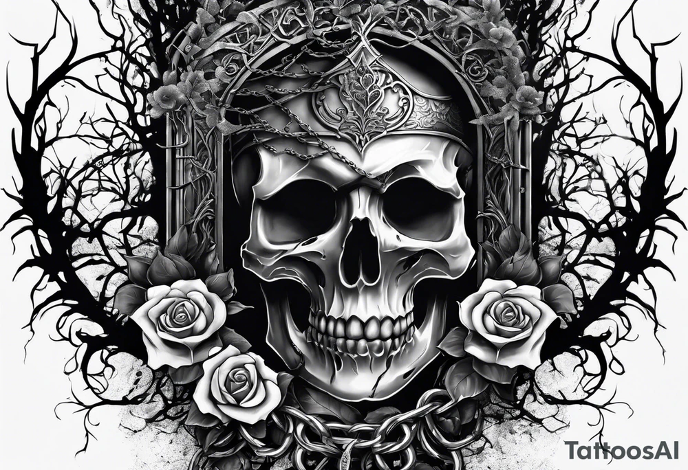 tattoo fool sleeve, destroyed dark gothic castle, tree roots break out of the chains, broken mask, roses tattoo idea