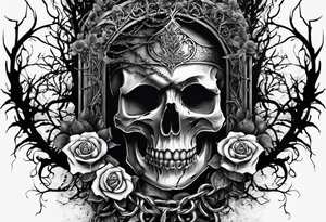 tattoo fool sleeve, destroyed dark gothic castle, tree roots break out of the chains, broken mask, roses tattoo idea