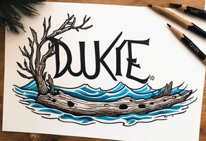 piece of driftwood underwater with the word duke written in the wood tattoo idea