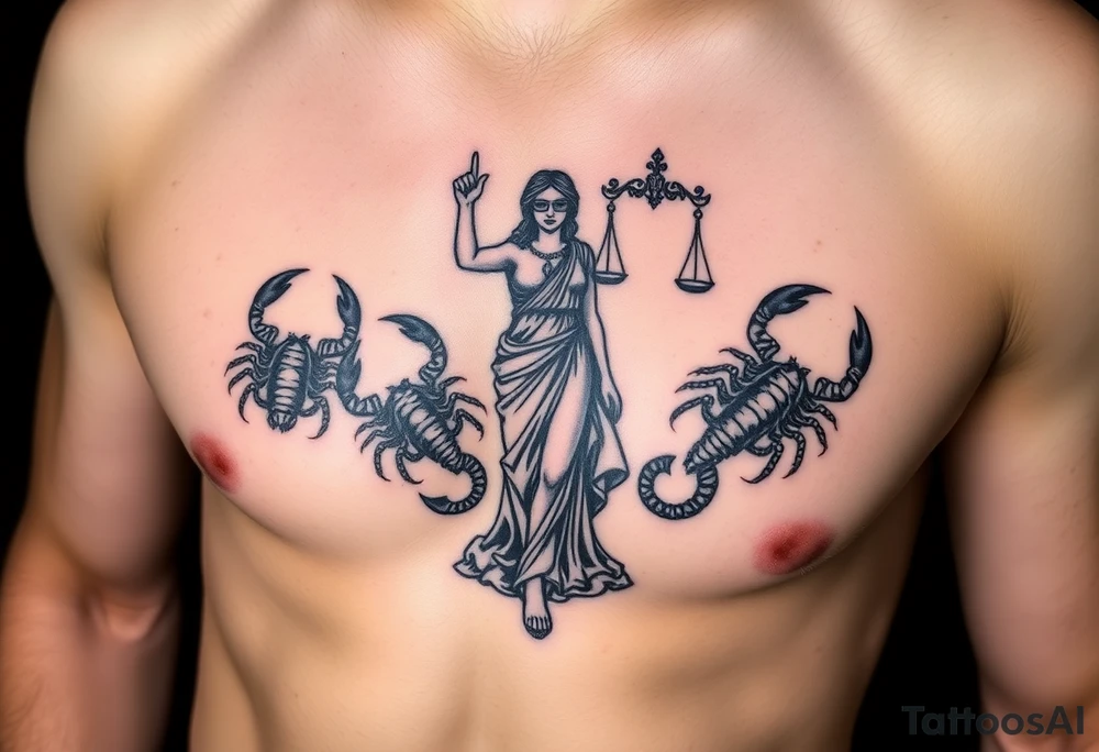 The figure of the blind Lady Justice next to two Scorpions tattoo idea