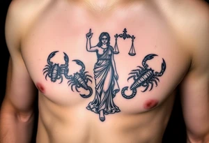 The figure of the blind Lady Justice next to two Scorpions tattoo idea