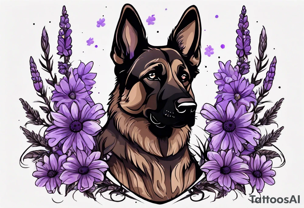 Dark Brown female German shepherd portrait surrounded by purple daisies tattoo idea
