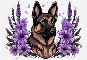 Dark Brown female German shepherd portrait surrounded by purple daisies tattoo idea