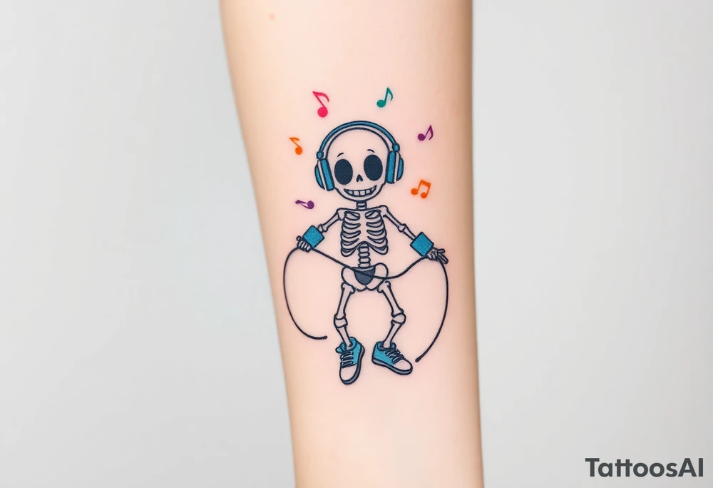 Cute smiley skeleton with love in his eyes jumping on a jump rope with blue headphones blue armbands blue sneakers and colorful  music notes around his head tattoo idea