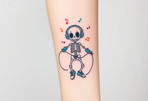 Cute smiley skeleton with love in his eyes jumping on a jump rope with blue headphones blue armbands blue sneakers and colorful  music notes around his head tattoo idea
