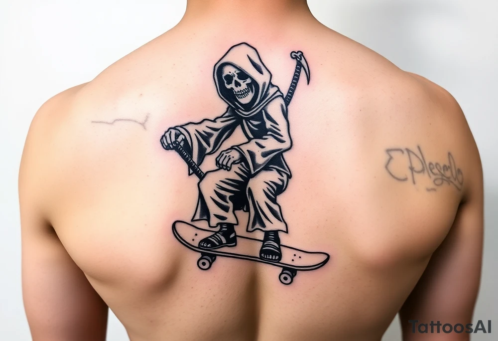 Colorful grim reaper riding skateboard tattoo idea