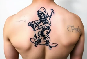 Colorful grim reaper riding skateboard tattoo idea