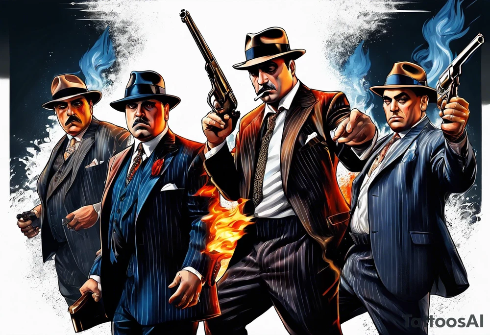 capone style gangsters having a shootout against a dark background scene with flames blues with sexy women tattoo idea