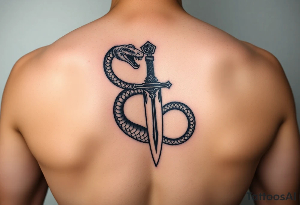mystical snake coiled around an ancient dagger with jeweled hilt tattoo idea