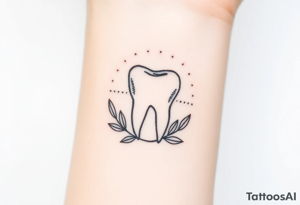 “A molar tooth outlined in fine black lines resting on a small crescent of olive leaves, soft dotted background stars for a celestial-nature fusion tattoo idea