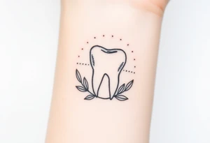 “A molar tooth outlined in fine black lines resting on a small crescent of olive leaves, soft dotted background stars for a celestial-nature fusion tattoo idea