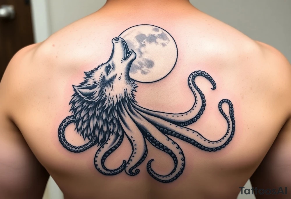 An powerful and surreal wolf octopus howling at the moon tattoo idea