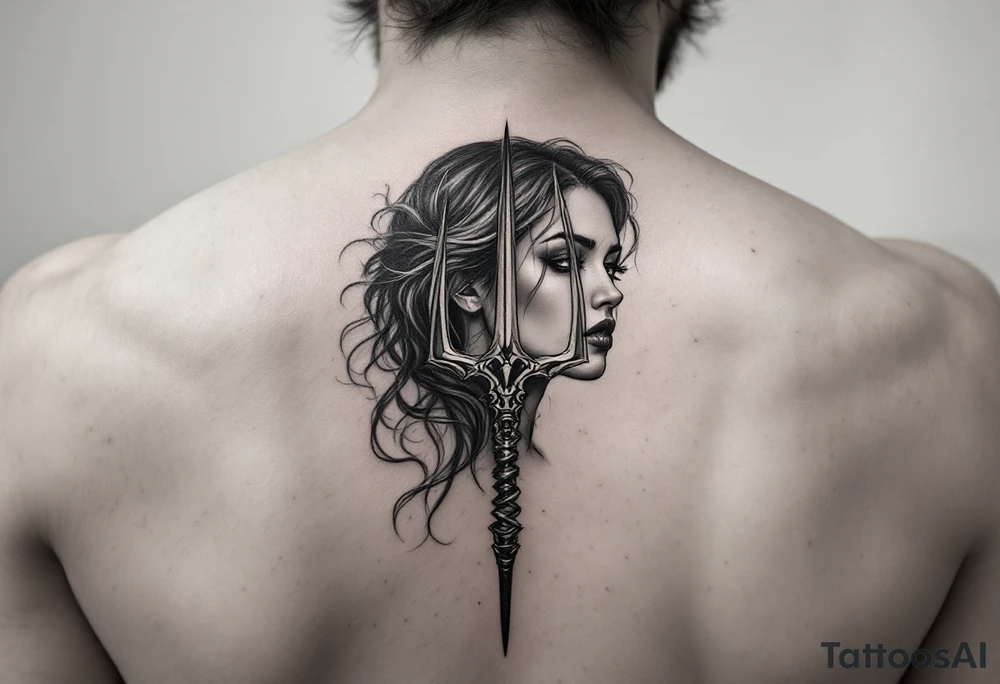 close-up woman behind a trident tattoo idea