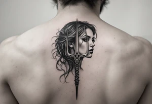 close-up woman behind a trident tattoo idea
