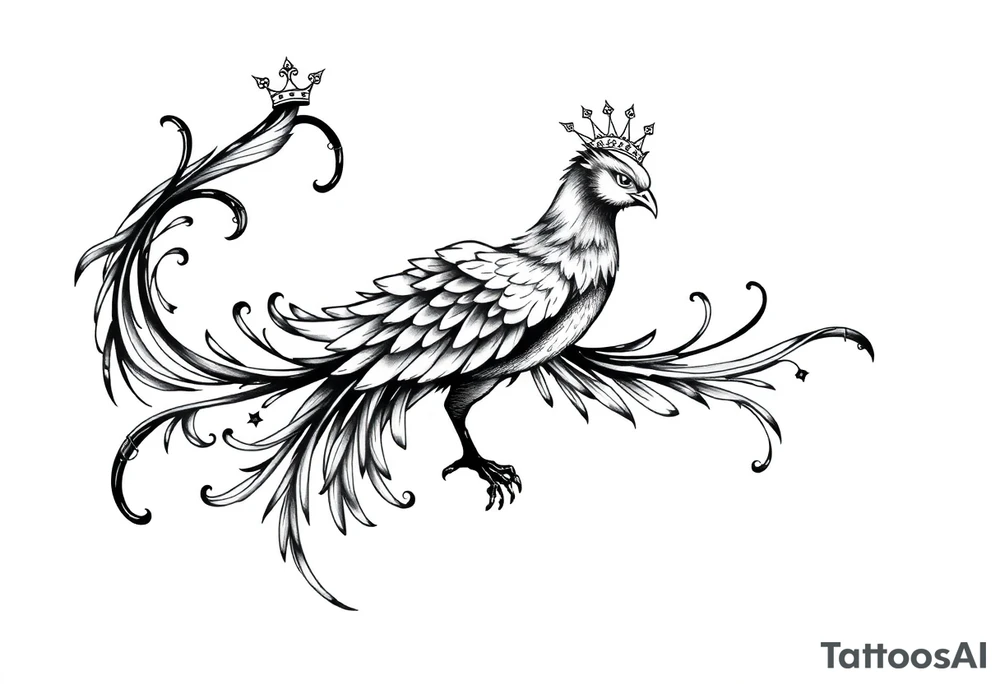 Pheonix wearing a crown with flowy long tail tattoo idea