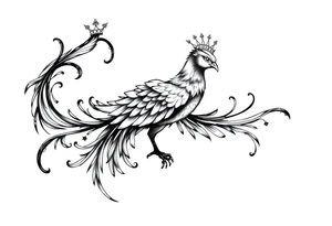 Pheonix wearing a crown with flowy long tail tattoo idea