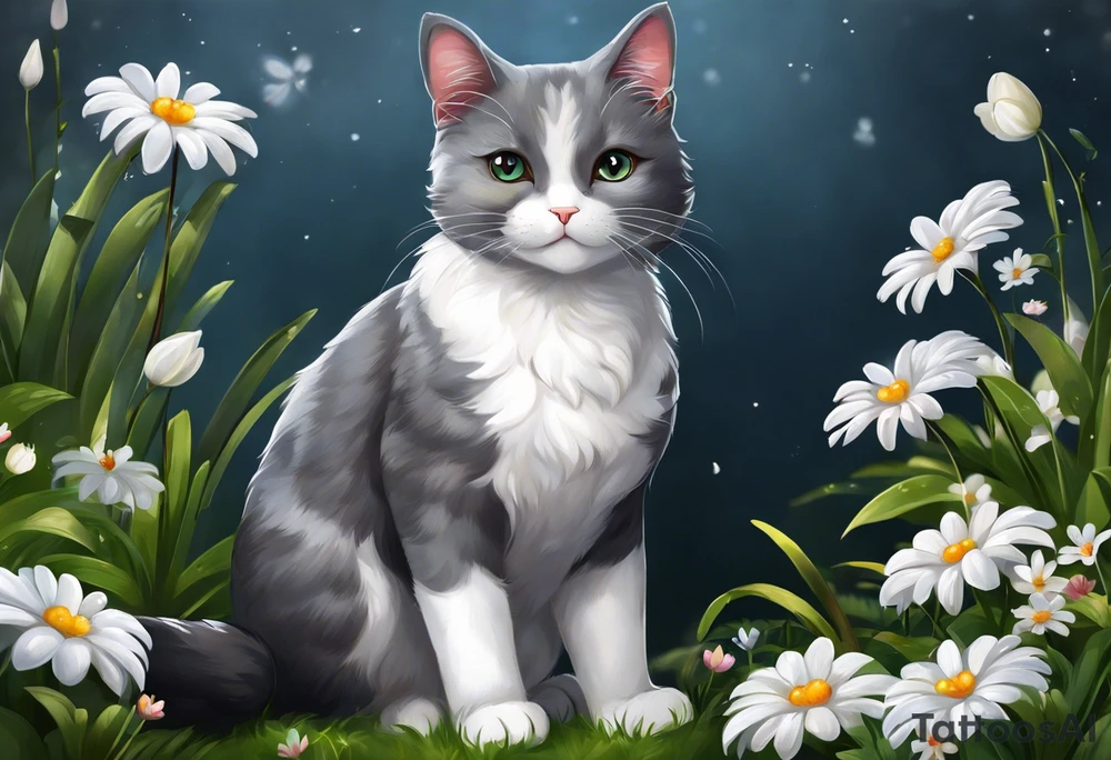 Grey and white cat. She has mostly grey body, larger white patches on her belly, all four paws are white, and a small little white moustache. White whiskers. She is on the larger side for a cat. I want the tattoo to reflect her sweet personality. She loved sunshine and flowers. She is recently passed away and I would like a memorial tattoo of my sweet baby cat. tattoo idea