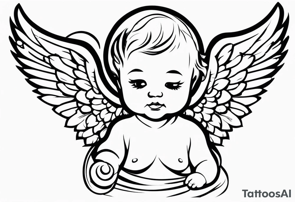 a baby who has angelic wings a robe and a halo in his hand is a concrete drill tattoo idea