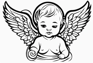 a baby who has angelic wings a robe and a halo in his hand is a concrete drill tattoo idea