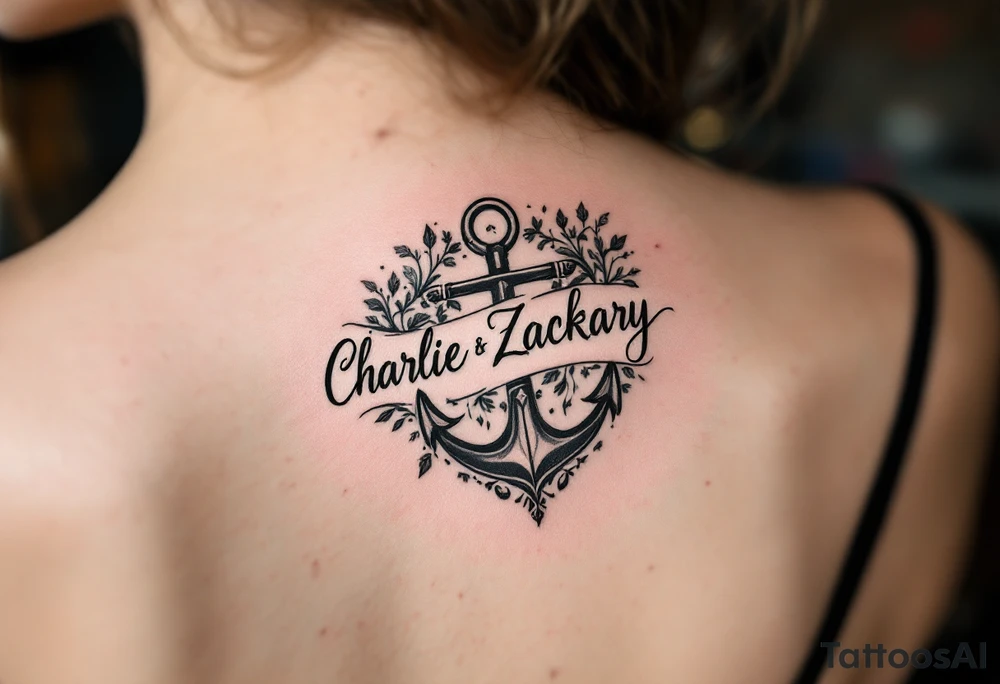Design a small tattoo that artfully integrates the names "Charlie" and "Zackary" in elegant, intertwined cursive lettering. Surround the names with a bold, powerful symbol that conveys strength, unity, and protection—such as a shield, anchor, or lion emblem. The design should balance delicate script with a commanding central motif, creating a harmonious and meaningful piece perfect for a discreet placement like the wrist or inner forearm. tattoo idea